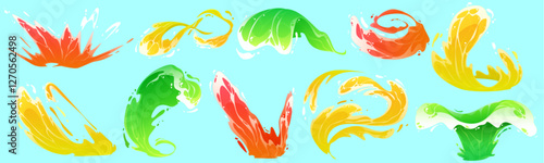 Fruit juice splashes set isolated on background. Vector cartoon illustration of bright color paint, sweet beverage, fresh cocktail drink swirls with droplets and bubbles, summer bar design details