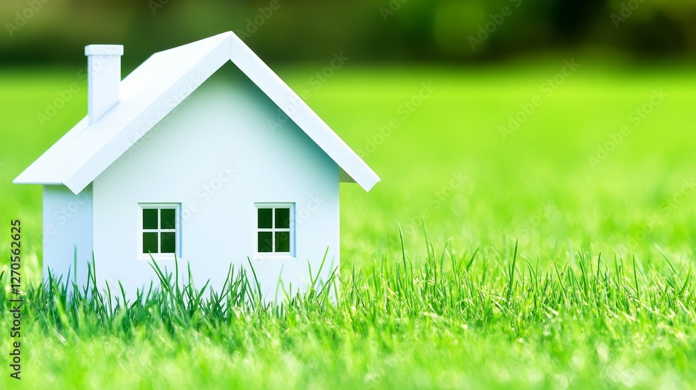 Miniature white house model on lush green grass with blurred background, symbolizing home Miniature white house model on lush green grass with blurred background, symbolizing home