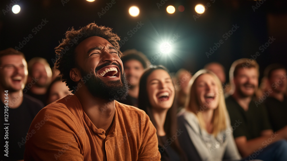 Fototapeta premium The Joy of Laughter: A diverse crowd is captured in a moment of uproarious laughter, their faces illuminated by the stage lights, creating an atmosphere of shared amusement and happiness.