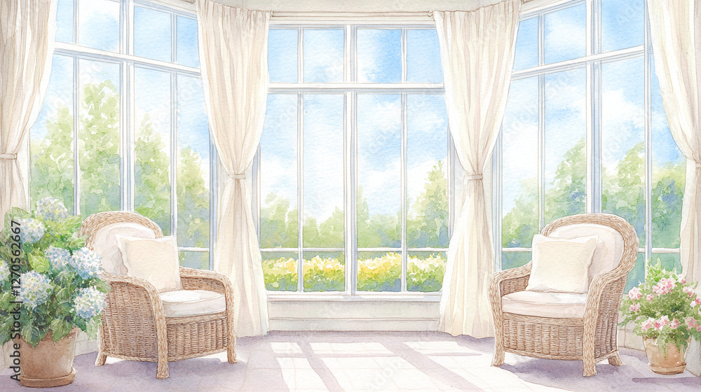 Fototapeta premium Tranquil Sunlit Room with Wicker Chairs