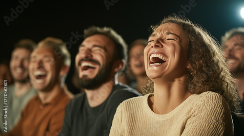 Joyful Audience: A diverse group of people burst into hearty laughter during a live performance, capturing the essence of shared amusement and contagious glee. 