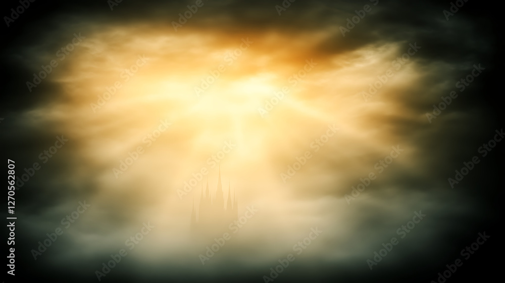 Fototapeta premium Castle Silhouette Emerging Through Cloudy Skies in Divine Light Emanating Radiantly Above