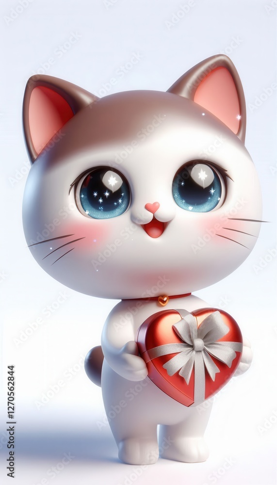 Fototapeta premium Cute cartoon cat holding heart digital art whimsical soft colors playful concept