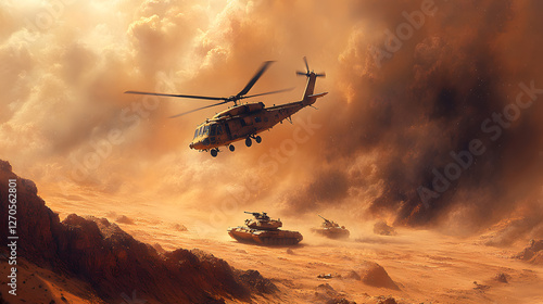 A helicopter is flying over a battlefield with soldiers on the ground