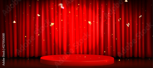 Round podium on red curtain background with golden confetti in air. Vector realistic illustration of award ceremony stage in spotlight, textile on wall, sparkling streamer flying, presentation stage