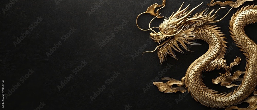 Obraz premium Golden Chinese Dragon On Black Backdrop. Symbol Of Power And Good Fortune. Festive Luxury Design Element.