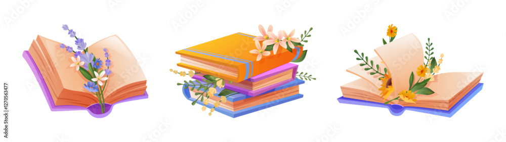 Fototapeta premium Decorative flower book illustrations with open pages, gentle blooms, stacked paper literature, colorful covers, green grass and leaves. Romantic cartoon design elements for reading hobby design.