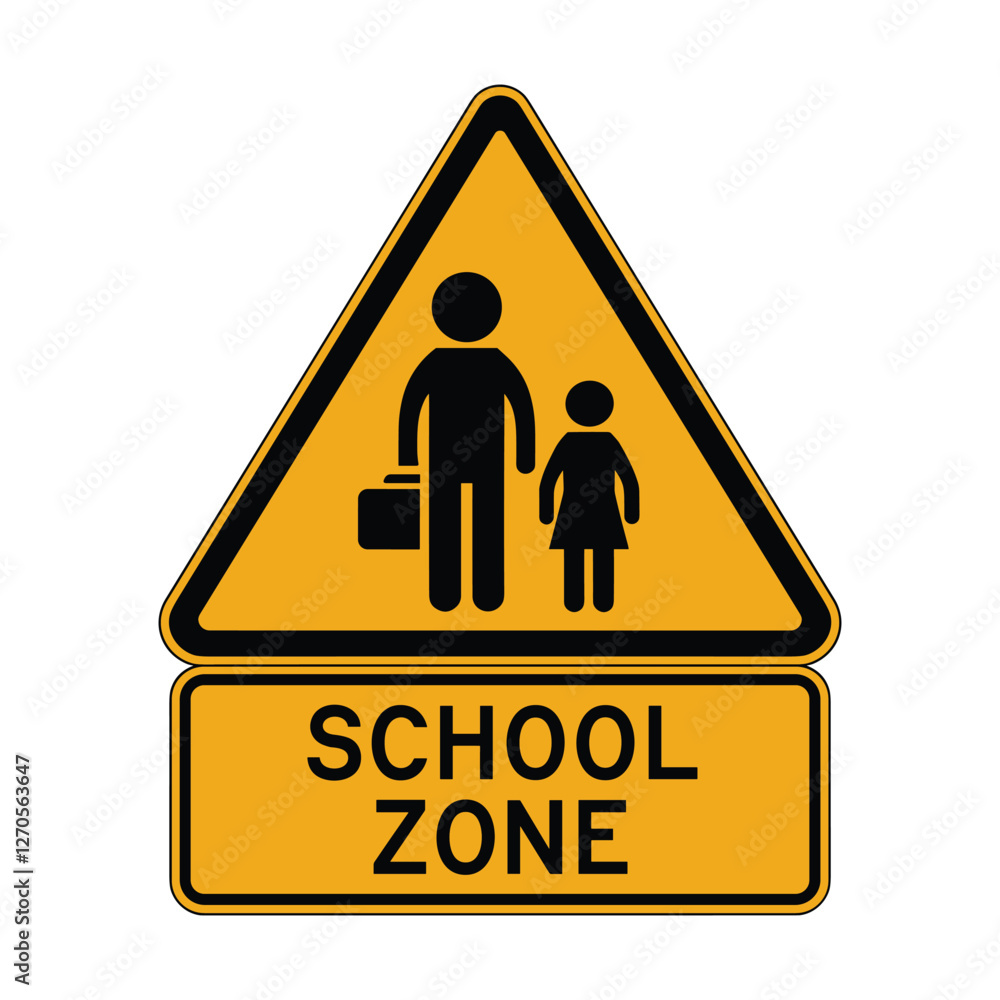 School zone sign with figures of a man and child. School zone sign with figures of a man and child.