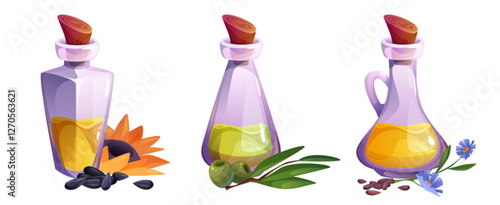 Glass bottles set with different oil types - sunflower with seeds, olive with green fruits, flaxseed with blue flowers. Natural organic liquid collection in transparent vessels with wooden corks.