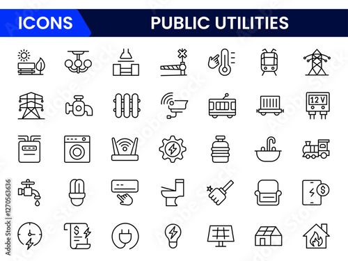 Public utilities icon collection set. power, gas, and water. Signed thin line icons collection.