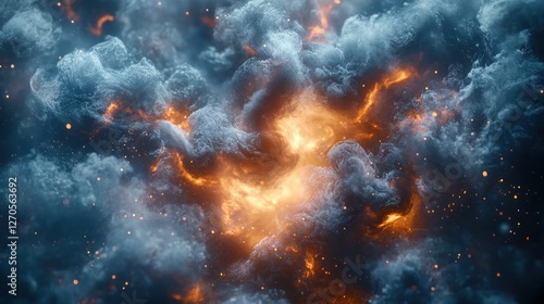 Fiery explosion, smoke, clouds, cosmic photo