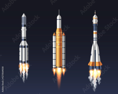 Realistic space rocket set of launching spaceships with burning engines and smoke trails on dark background. Detailed 3d white and orange vessels with metallic textures for aerospace projects.