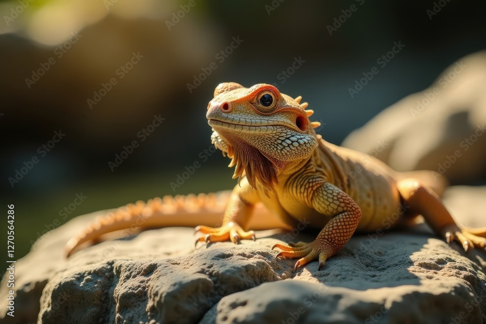 Naklejka premium Bearded dragon basking on a rock, sunlit environment, pet lizard, exotic pet