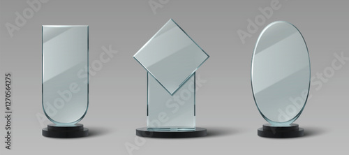 Glass trophy set with different shapes - rectangle, diamond, oval mounted on black bases. Transparent empty crystal awards with polished surfaces for corporate ceremonies, competitions, recognitions.