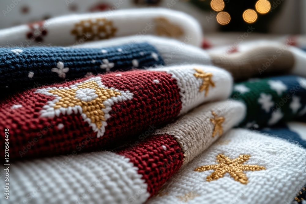 A close-up of beautifully knitted sweaters with intricate holiday designs, highlighting craftsmanship and warmth in a cozy atmosphere during the festive season. A close-up of beautifully knitted sweaters with intricate holiday designs, highlighting craftsmanship and warmth in a cozy atmosphere during the festive season.