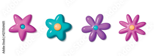 Y2k aesthetic 3d flower collection in bright plastic colors - pink, turquoise and purple. Glossy retro daisy shapes for nostalgic digital design. Realistic simple blossoms with plasticine texture.