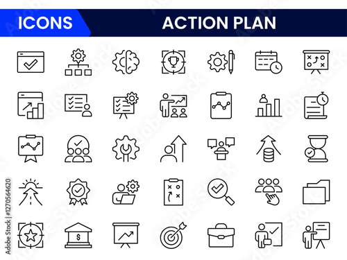 Action plan icon set. Containing planning, schedule, strategy, analysis, tasks, goal, collaboration, and objective icons. Vector illustration collection.