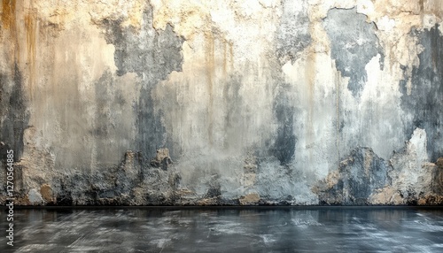 Grungy textured wall with peeling paint, dark floor. Ideal for backgrounds, design projects needing a vintage, aged aesthetic.
