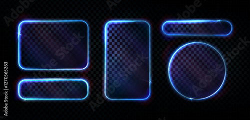 Neon light frames set with glowing blue borders on transparent background. Glass effect geometric shapes - rounded rectangle, circle with luminous edges. Bright frames collection for futuristic design