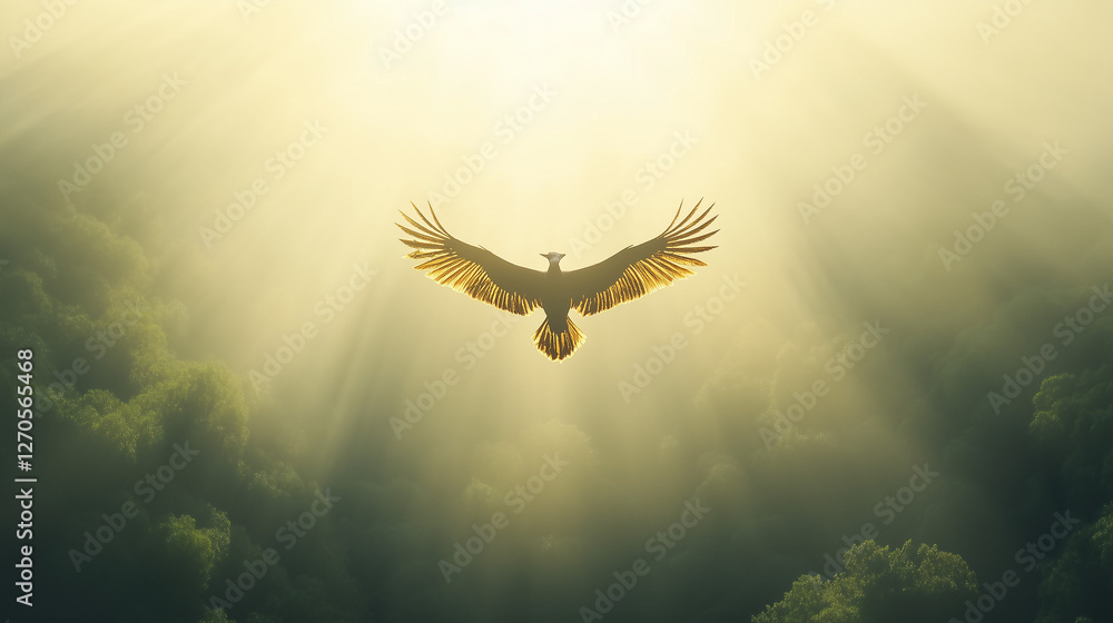 Obraz premium soaring majesty: a majestic eagle soars gracefully through the radiant sky, bathed in golden sunlight, and over a lush, misty forest. 