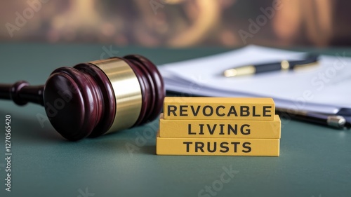 Revocable living trusts are displayed next to a wooden gavel photo