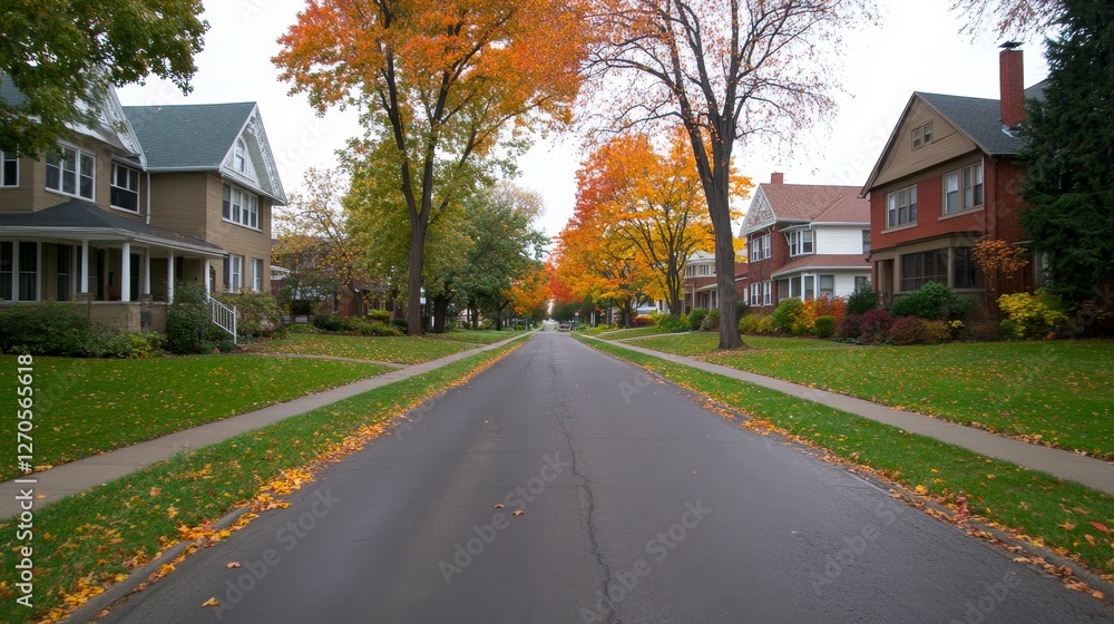 Serene autumn street lined with colorful trees, showcasing peaceful suburban homes and fallen leaves Serene autumn street lined with colorful trees, showcasing peaceful suburban homes and fallen leaves
