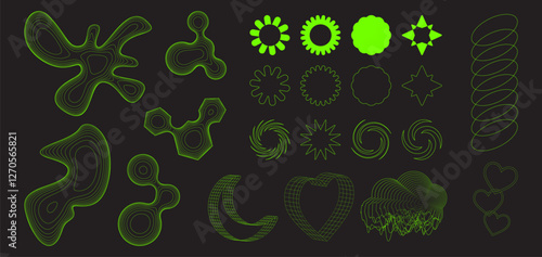 Y2k neon grid elements set with abstract curved shapes, spiral lines, futuristic flowers and hearts, waves patterns in bright green. Digital tech ornamental assets for retro modern graphic projects.