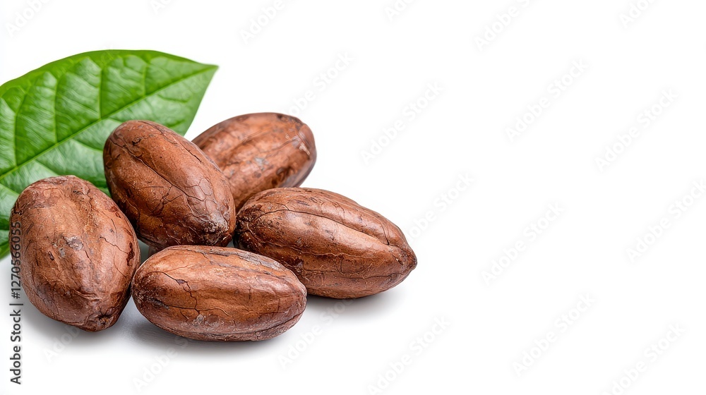 An abundant pile of dark cocoa nuts surrounded by fresh green leaves against a clean white background for culinary use An abundant pile of dark cocoa nuts surrounded by fresh green leaves against a clean white background for culinary use