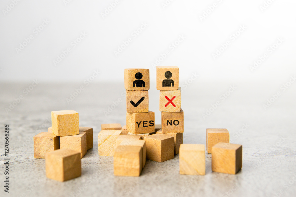Obraz premium Pros and cons concept. Wooden block with image of pros versus cons. Tick mark and cross mark x on wooden cubes. Concept of YES or NO decision making