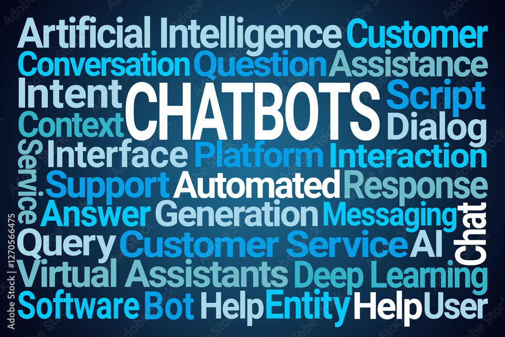 Chatbots Word Cloud on Blue Background Chatbots Word Cloud on Blue Background