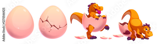 Orange baby dinosaur hatching sequence - whole pink egg, cracked shell with cracks, joyful raptor emerging from eggshell, curious little dino character. Cute prehistoric reptile birth process.