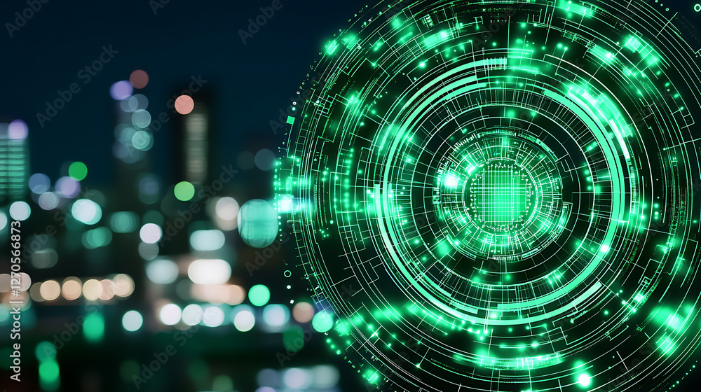 Obraz premium Circular Tech Interface on Bokeh Cityscape Background with Glowing Green Illumination Effects