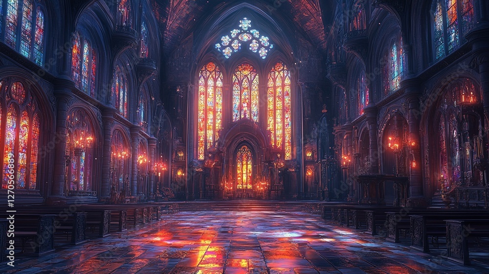 Fototapeta premium A grand cathedral interior with glowing stained glass and ornate details 