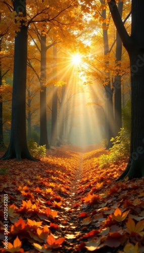 Sun-drenched golden leaves fall on vibrant forest floor, seasonal, golden