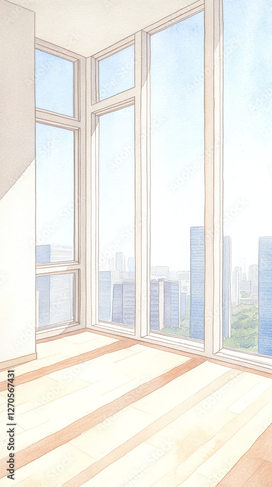 Fototapeta premium Watercolor Illustration of a Modern City Apartment Room with a View