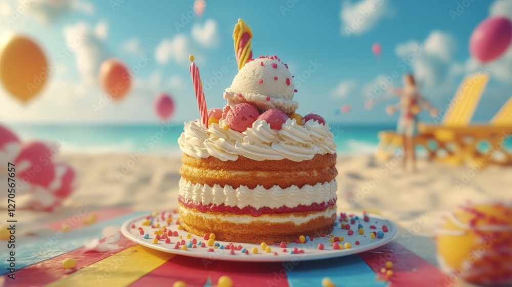 A colorful birthday cake with ice cream and sprinkles on a beach setting. A colorful birthday cake with ice cream and sprinkles on a beach setting.