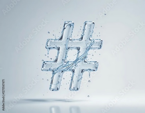 A transparent water-like hashtag icon floating against a light blue background, symbolizing social media and digital communication. The icon's design is sleek and modern, with bubbles inside adding a 