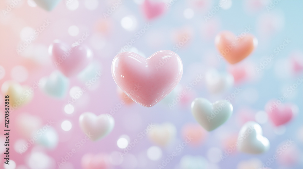 Whimsical Hearts: A captivating array of glossy hearts in various pastel shades floats delicately, with a soft focus, create an atmosphere of romance and affection. Whimsical Hearts: A captivating array of glossy hearts in various pastel shades floats delicately, with a soft focus, create an atmosphere of romance and affection.