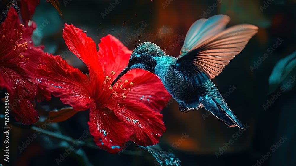 Fototapeta premium Macro shot of a hummingbird drinking nectar from a vibrant red flower