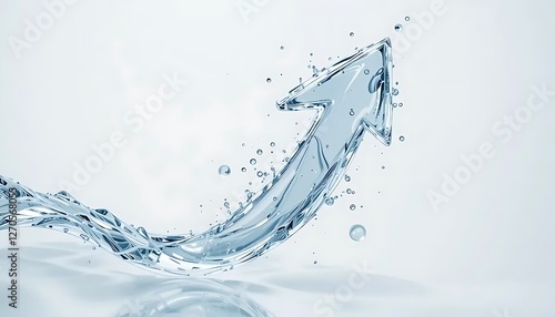 Water arrow icon with a transparent, fluid design, symbolizing growth and progress, set against a light blue background with water droplets