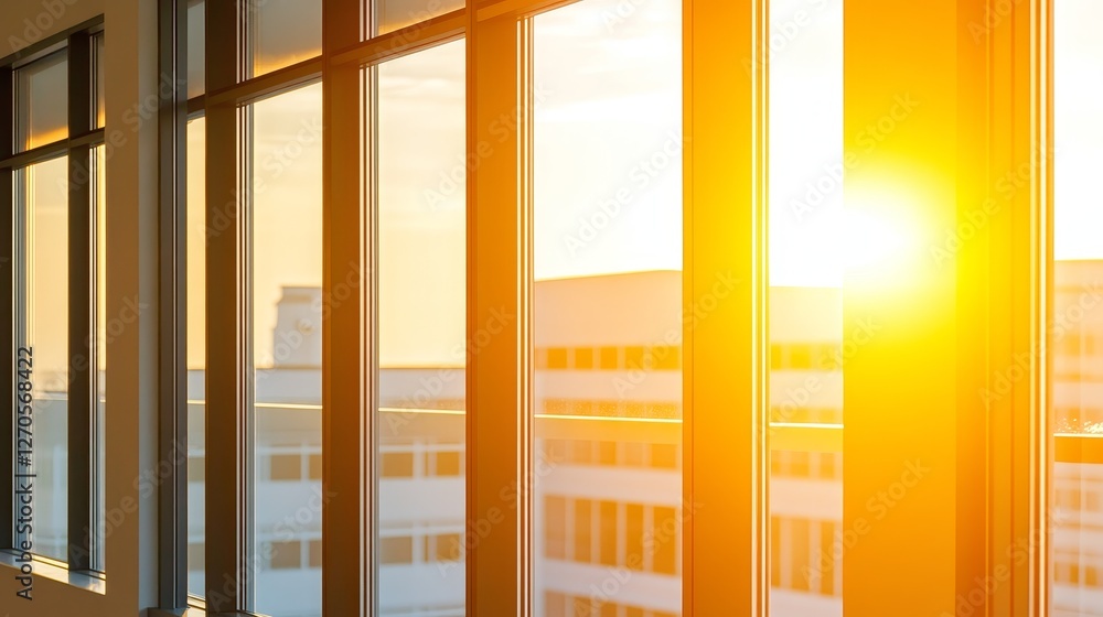 Obraz premium Sunlight streaming through large windows of a modern office building during sunset