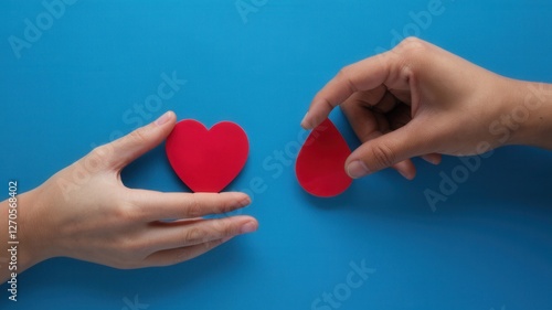 Two hands holding red heart and drop on blue background photo