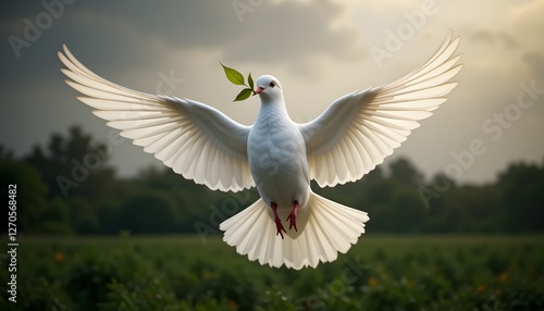 White Dove in Flight with Green Branch
