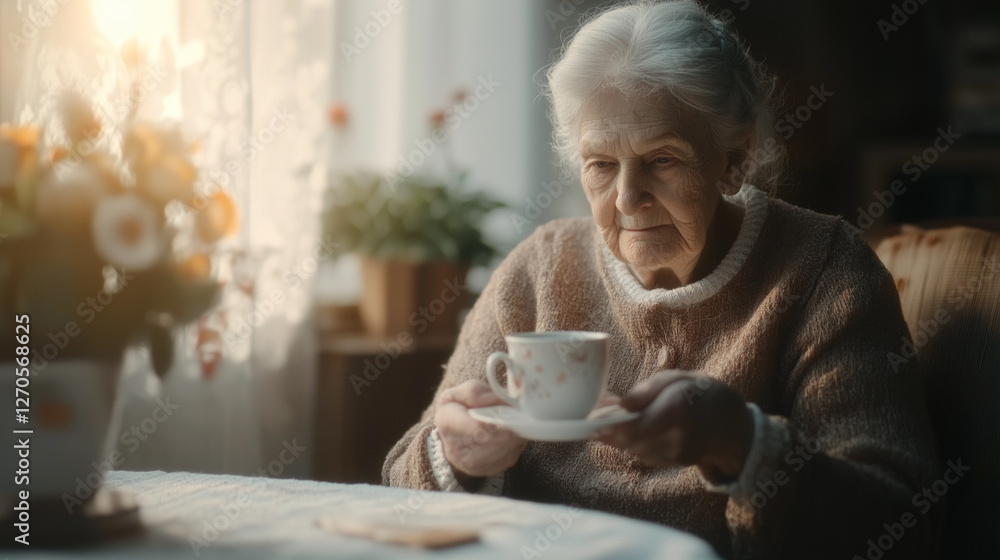 Golden Years Contemplation: An elderly woman, immersed in thought, holds a teacup, suggesting a moment of quiet reflection. The soft sunlight casts a warm glow. Golden Years Contemplation: An elderly woman, immersed in thought, holds a teacup, suggesting a moment of quiet reflection. The soft sunlight casts a warm glow.
