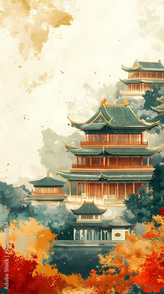 Fototapeta premium Green and gold traditional building illustration poster background