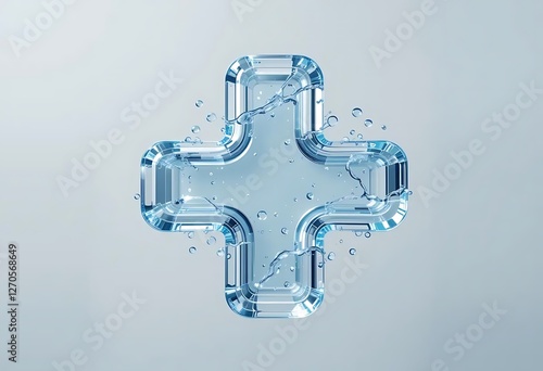 The plus icon is made of water, with water droplets around it. Light blue gradient background. Symbolizes purity, health, and hydration.