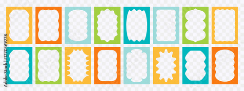 Wavy frame borders. Scallop shape line picture frames. Vector colorful wave rectangle bg set. Kid graphic wiggly backgrounds. Fun A4 size proportional groovy 60s squiggly zigzag text frame collection