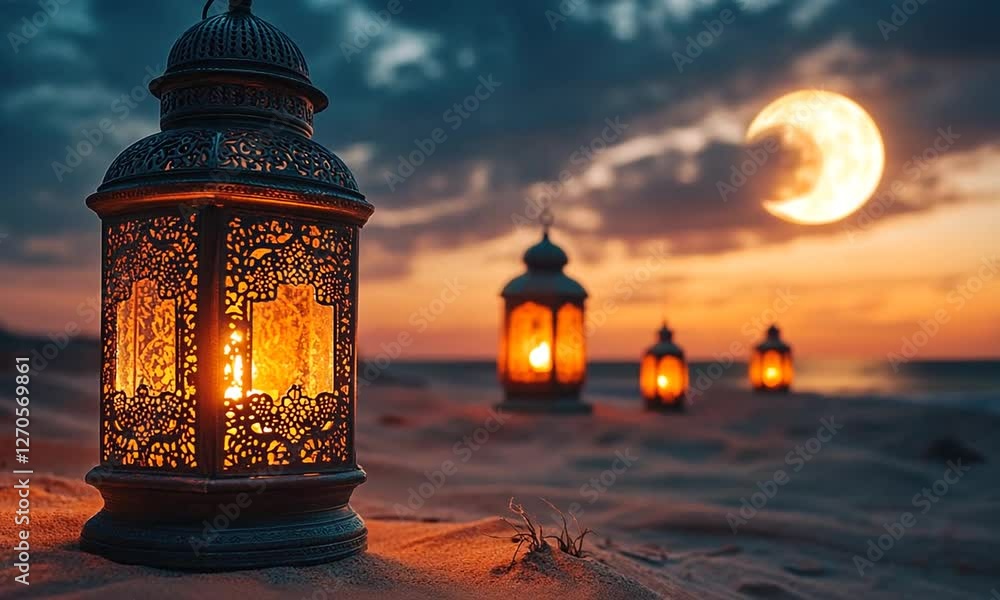 Ornate lanterns illuminated on a sandy beach at sunset with a crescent moon in the sky Ornate lanterns illuminated on a sandy beach at sunset with a crescent moon in the sky