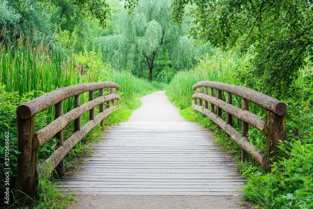 Scenic wooden bridge over a path surrounded by lush greenery and trees. Scenic wooden bridge over a path surrounded by lush greenery and trees.