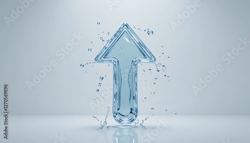 Water arrow icon pointing upwards with splashes, symbolizing fluidity and direction. Background is light blue gradient, emphasizing modern design
